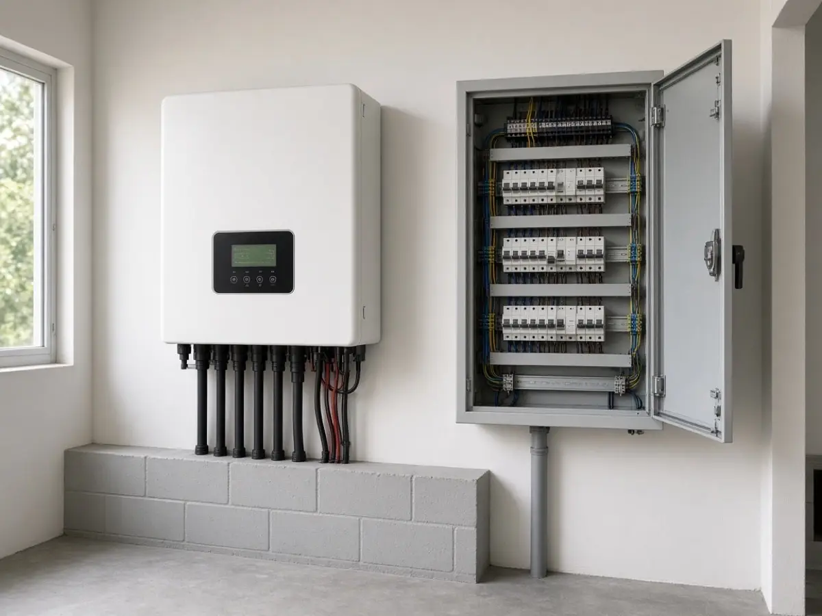 ** Light commercial hybrid inverter beside a three-phase distribution board