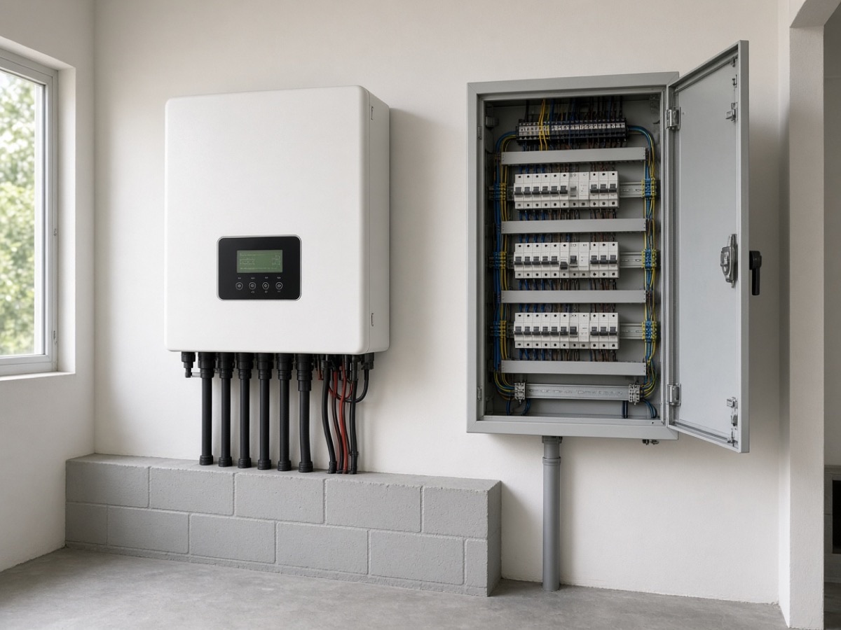 Light commercial hybrid inverter beside a three-phase distribution board