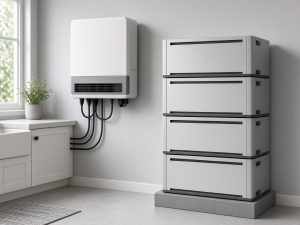 ** Wall-mounted hybrid inverter next to stacked low-voltage home battery modules