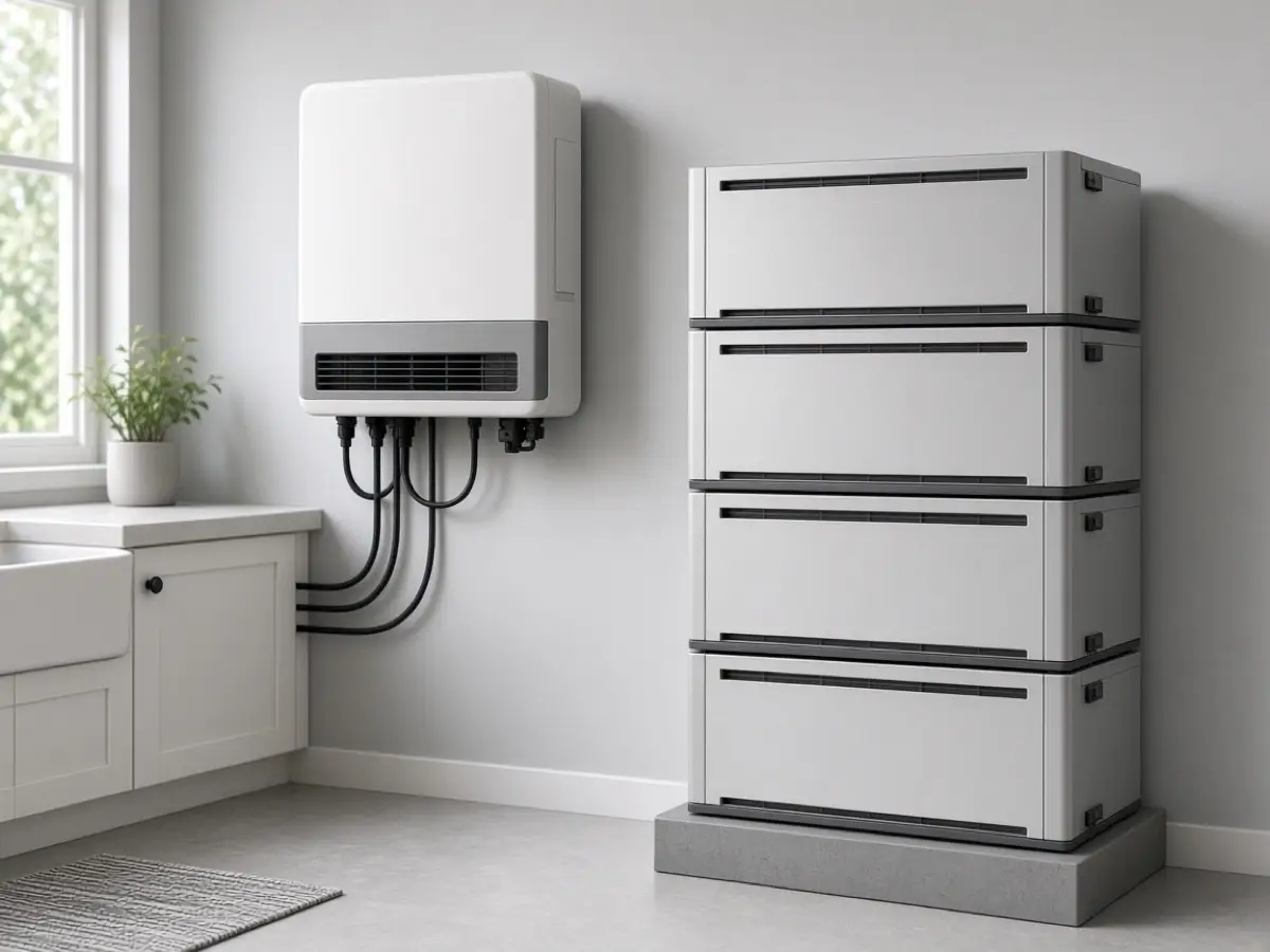 ** Wall-mounted hybrid inverter next to stacked low-voltage home battery modules