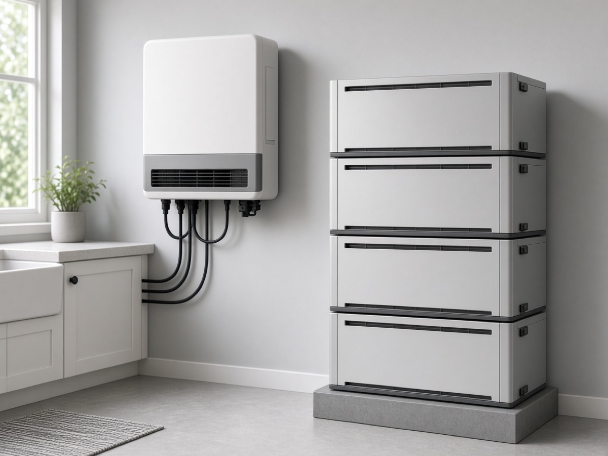 Wall-mounted hybrid inverter next to stacked low-voltage home battery modules
