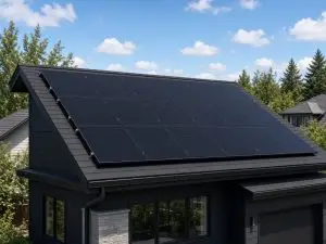** All-black residential solar panels on a modern house rooftop
