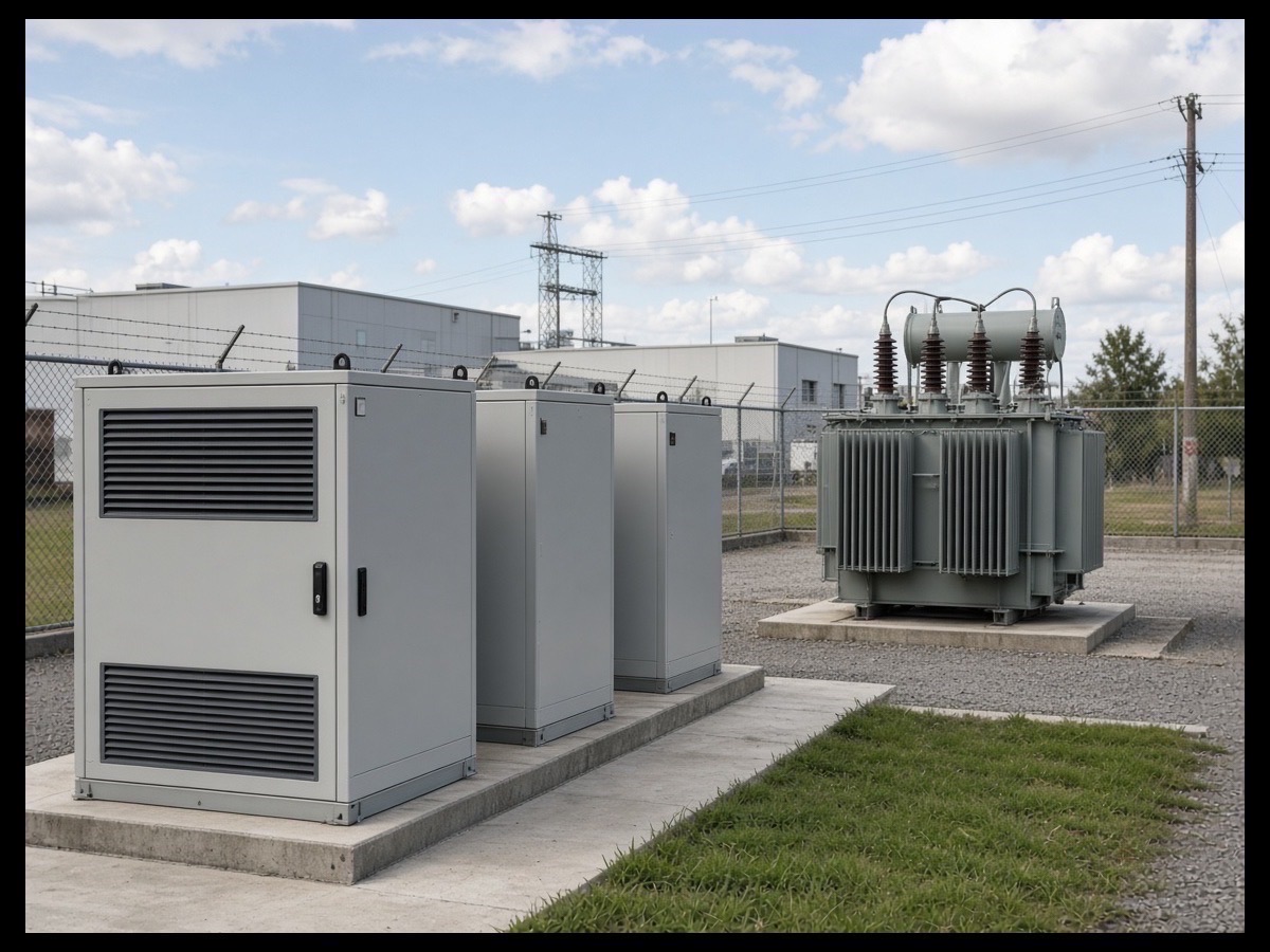 ** C&I battery energy storage cabinets installed beside a factory electrical yard