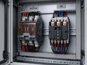 ** DC contactor and AC contactor on an industrial panel for application comparison