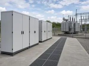 ** Commercial energy storage cabinets on an outdoor factory pad beside a transformer yard