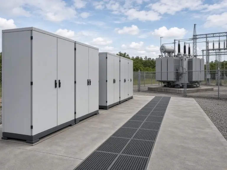 ** Commercial energy storage cabinets on an outdoor factory pad beside a transformer yard
