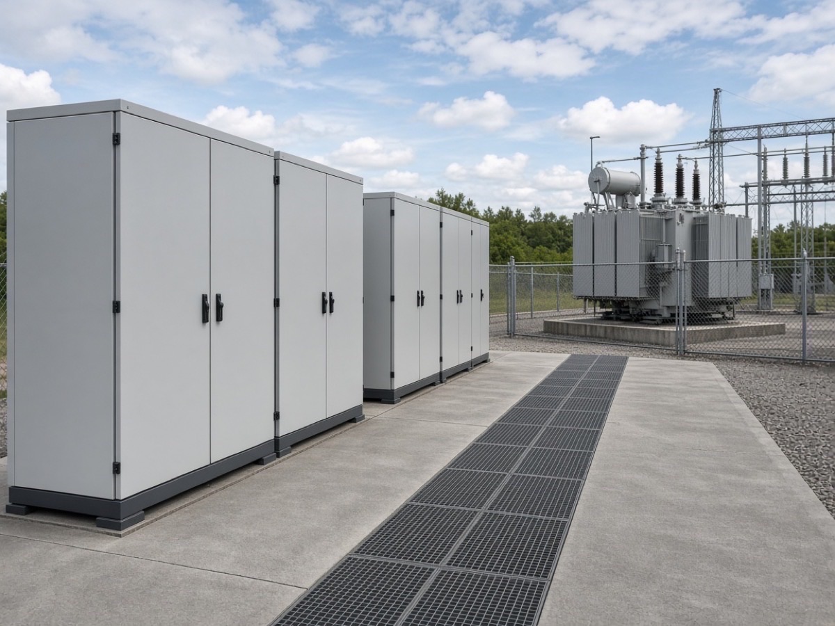 ** Commercial energy storage cabinets on an outdoor factory pad beside a transformer yard
