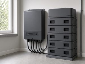 ** Residential hybrid inverter mounted beside stacked home battery modules in an equipment room