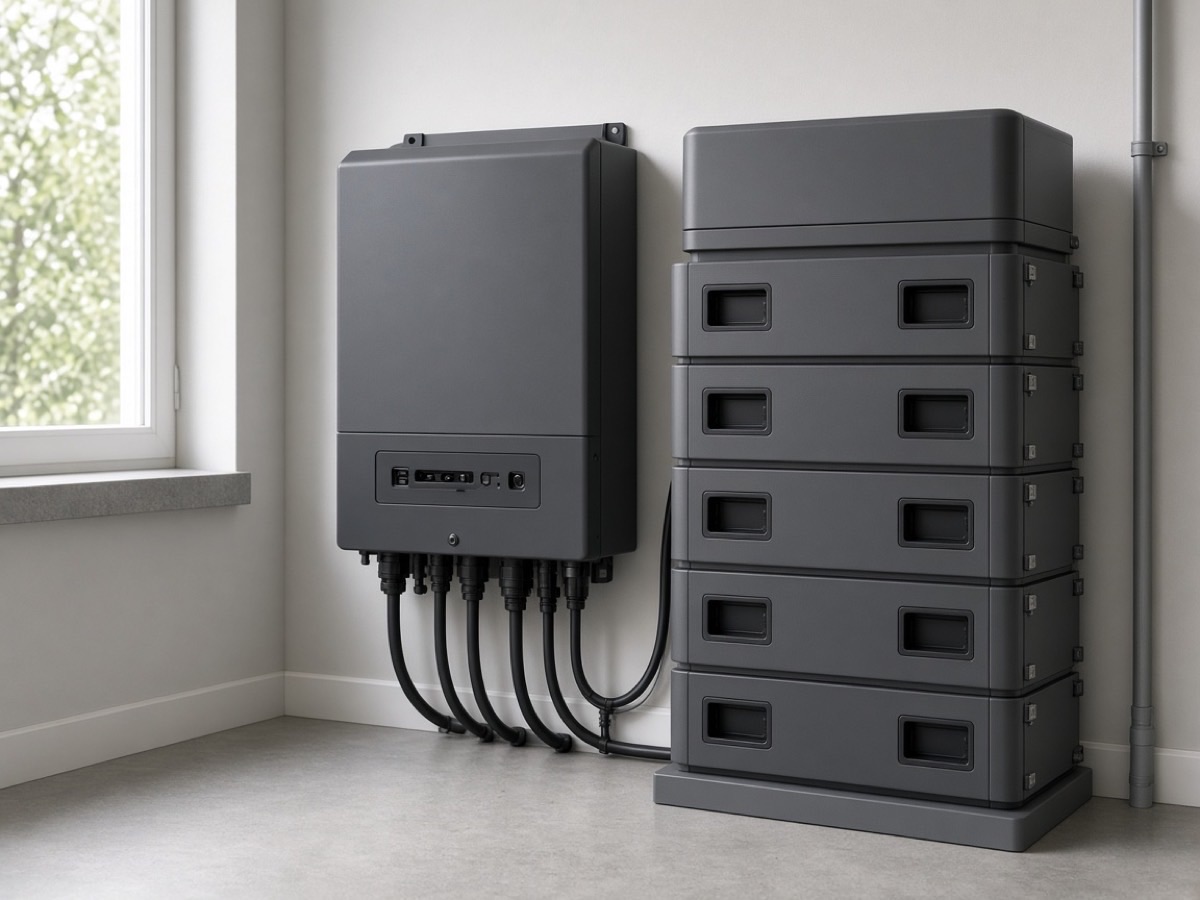 Residential hybrid inverter mounted beside stacked home battery modules in an equipment room