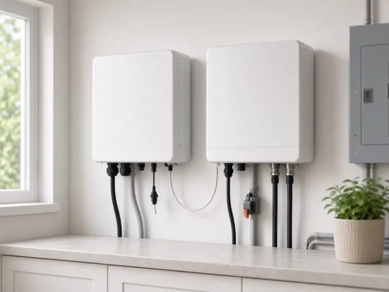 ** Two wall-mounted hybrid inverters with parallel communication and CT wiring in a utility room