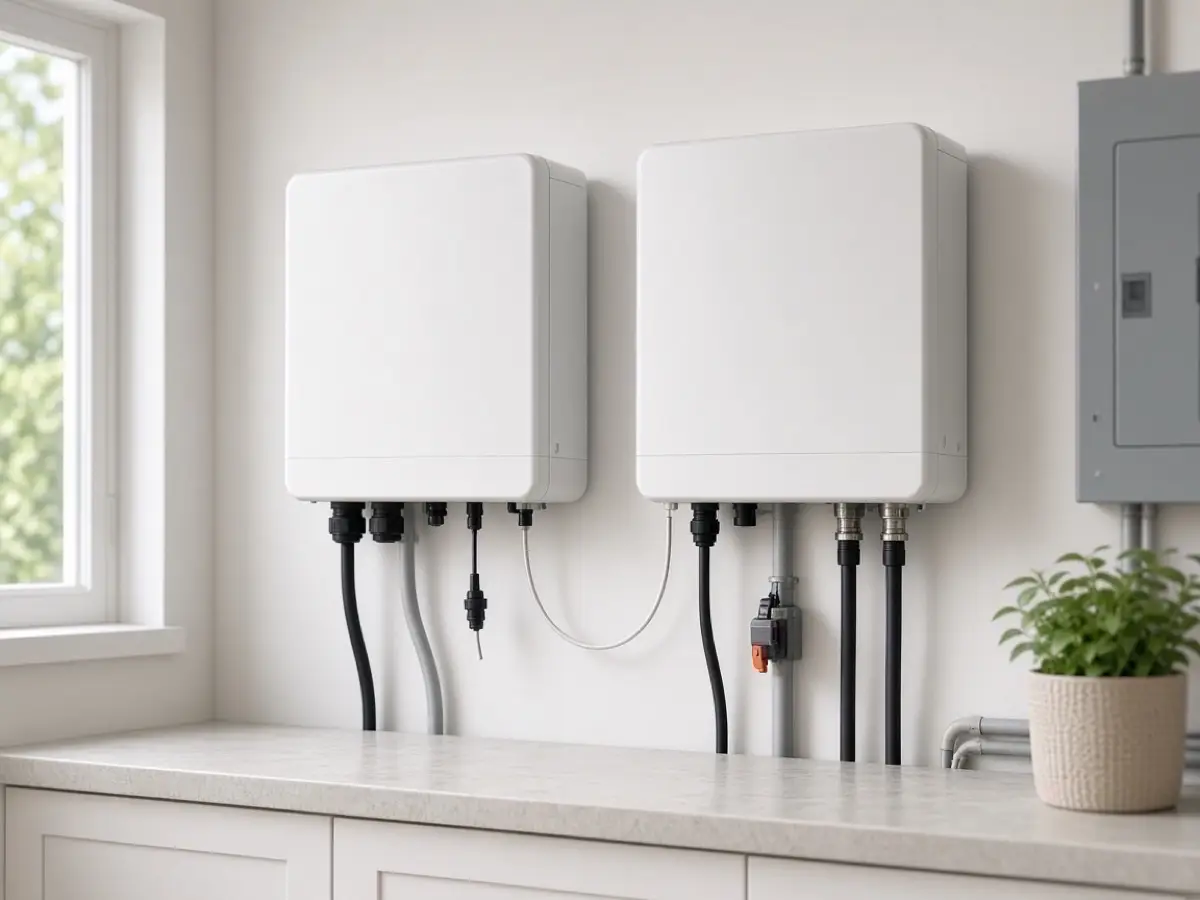** Two wall-mounted hybrid inverters with parallel communication and CT wiring in a utility room