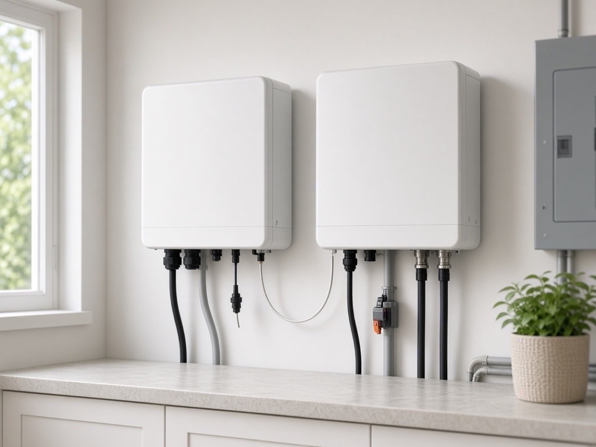 ** Two wall-mounted hybrid inverters with parallel communication and CT wiring in a utility room