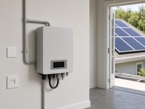 ** Wall-mounted hybrid solar inverter on a residential wall with rooftop PV context, no battery cabinet