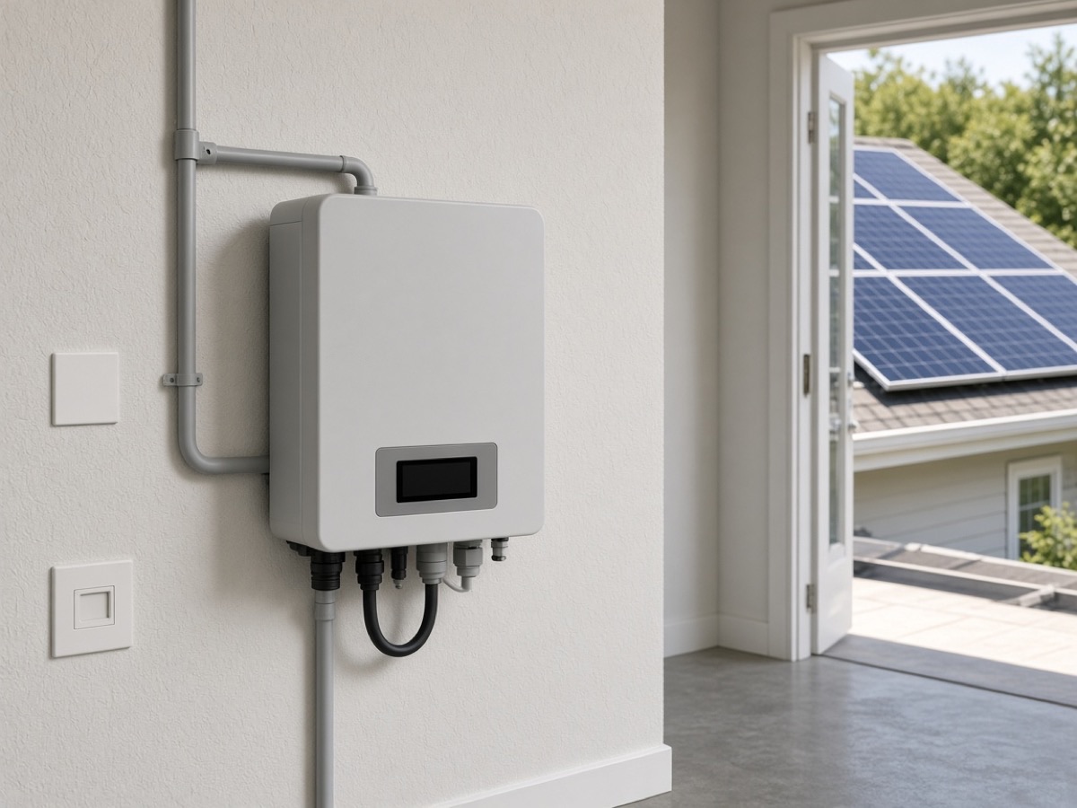 Wall-mounted hybrid solar inverter on a residential wall with rooftop PV context, no battery cabinet