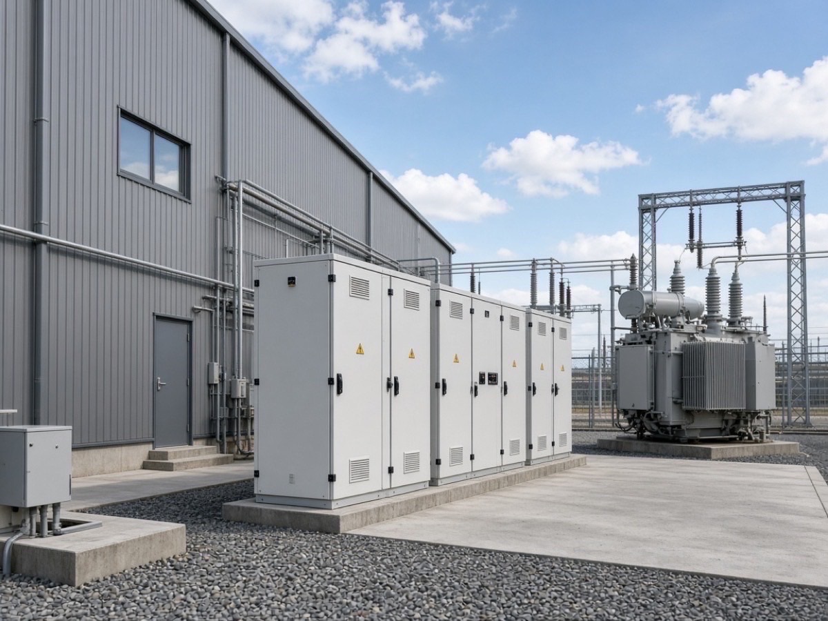 Factory electrical yard with outdoor battery energy storage cabinets beside industrial switchgear
