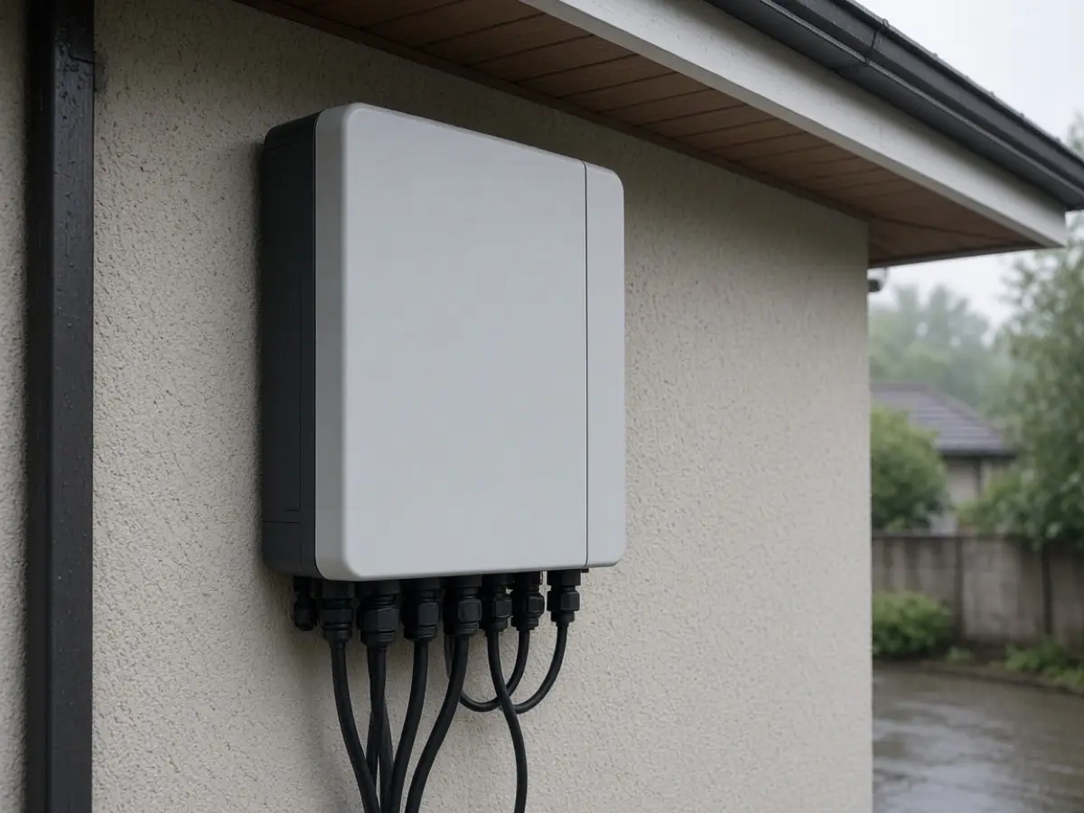 ** Outdoor wall-mounted IP66 hybrid inverter under a shallow eave with sealed cable glands