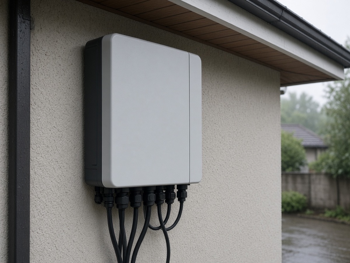 Outdoor wall-mounted IP66 hybrid inverter under a shallow eave with sealed cable glands