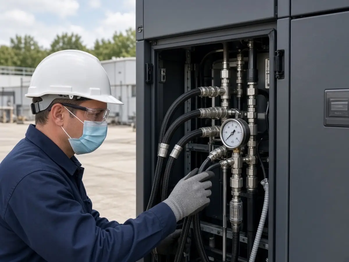 ** Technician inspecting liquid-cooled BESS cooling connections during maintenance
