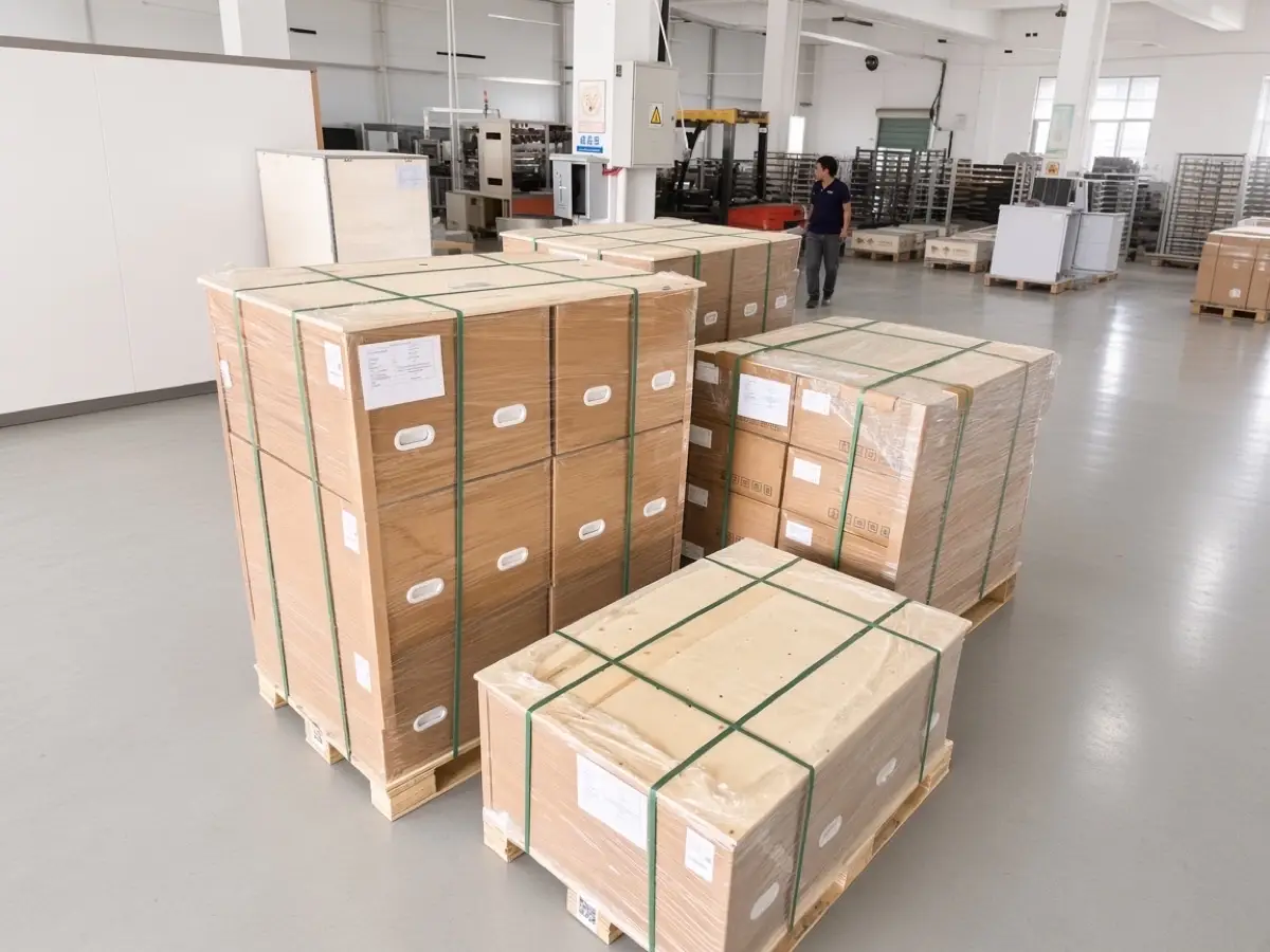 ** Palletized residential ESS cartons stretch-wrapped and strapped on wooden pallets in the Weltrus factory - **Image Name:** residential-ess-factory-packing-shipping-cover-4-3-1200px.jpg - **Aspect Ratio:** 4:3 - **Max Pixels:** 1200px (longest side)