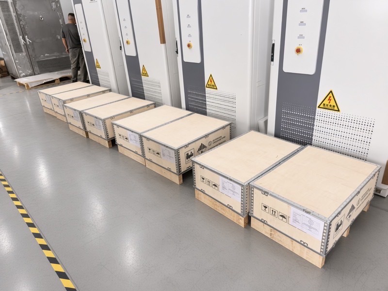 Wooden residential ESS export crates staged in front of assembled storage cabinets before dispatch