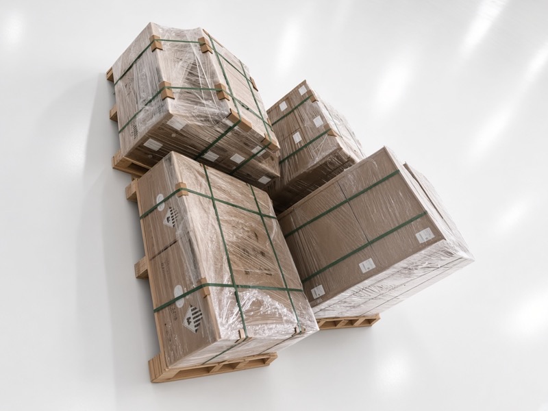 Overhead view of stretch-wrapped home battery pallets with corner boards and strapping