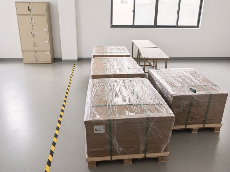 Residential storage pallets staged along a marked factory lane before truck loading