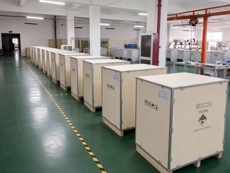 Plywood export crates marked for lithium-ion battery shipment on the Weltrus factory floor