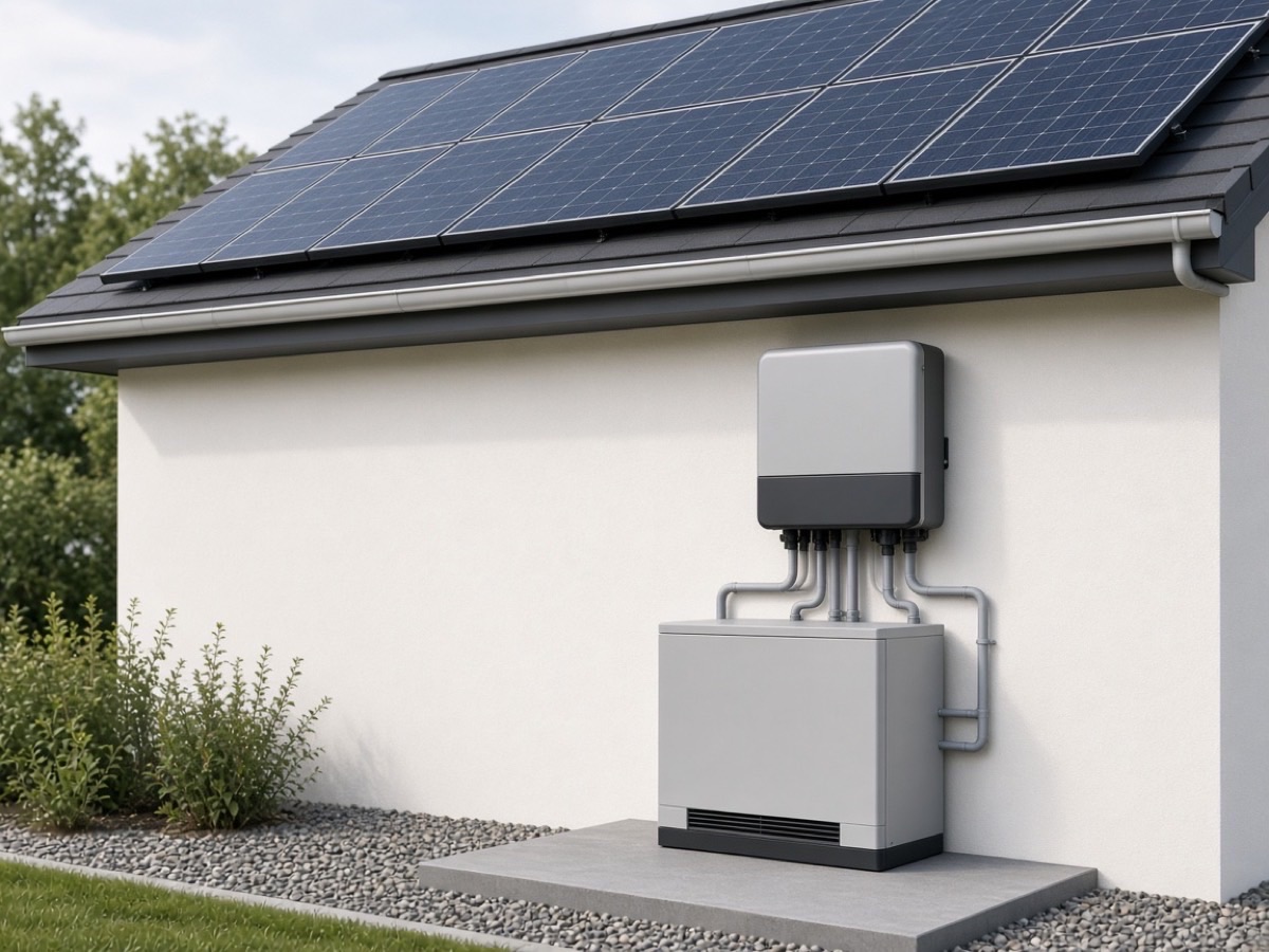 Rooftop solar panels with a hybrid inverter and home battery cabinet for on-grid storage