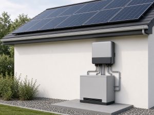 ** Rooftop solar panels with a hybrid inverter and home battery cabinet for on-grid storage
