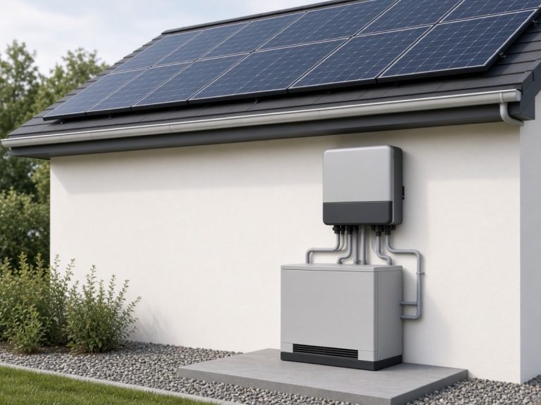 ** Rooftop solar panels with a hybrid inverter and home battery cabinet for on-grid storage