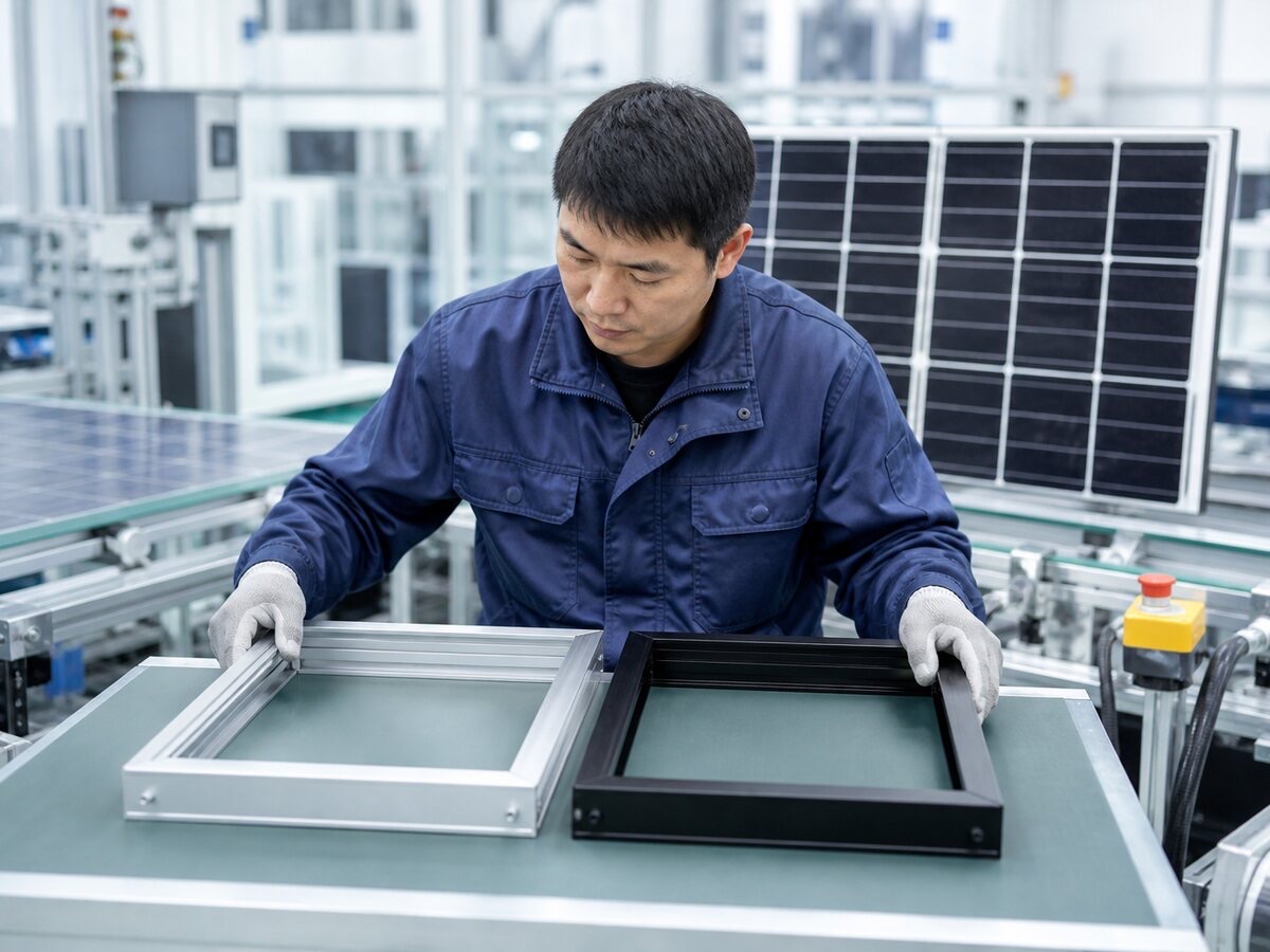 Technician comparing aluminum and GRPU solar frame samples on a module assembly line