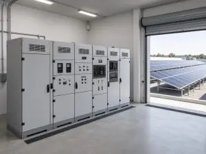 ** Commercial solar plant low-voltage electrical lineup with rooftop PV beyond