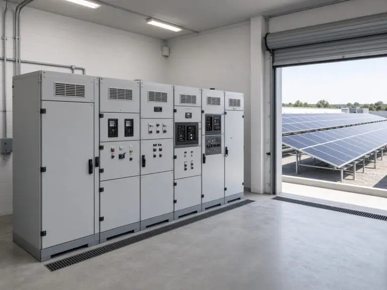** Commercial solar plant low-voltage electrical lineup with rooftop PV beyond