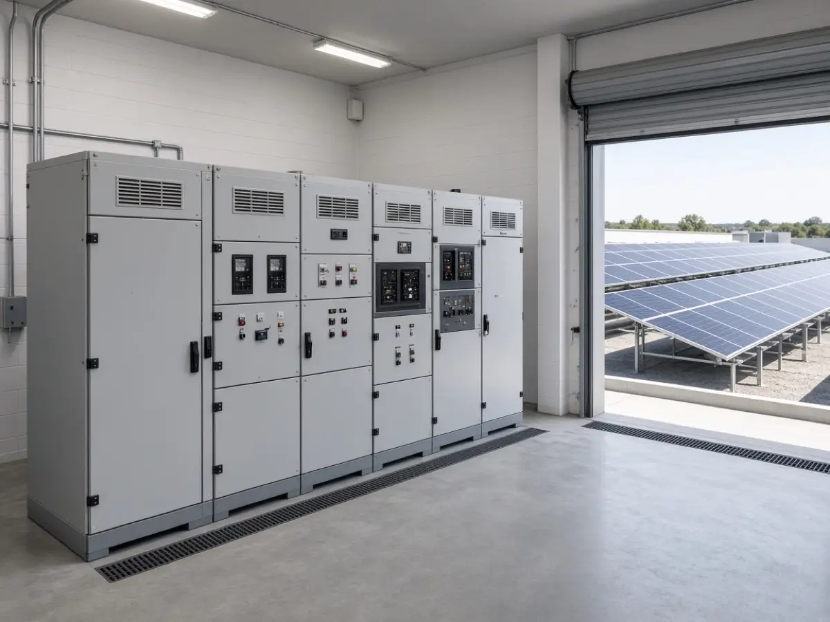 ** Commercial solar plant low-voltage electrical lineup with rooftop PV beyond