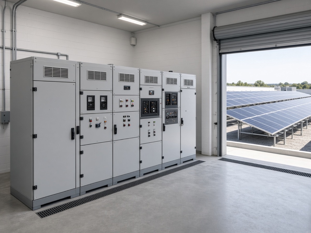 ** Commercial solar plant low-voltage electrical lineup with rooftop PV beyond