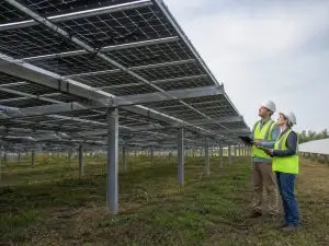 Bifacial solar modules on a ground-mount C&I array with technicians reviewing the rear glass