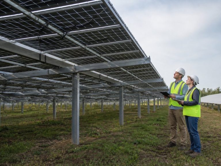 Bifacial solar modules on a ground-mount C&I array with technicians reviewing the rear glass