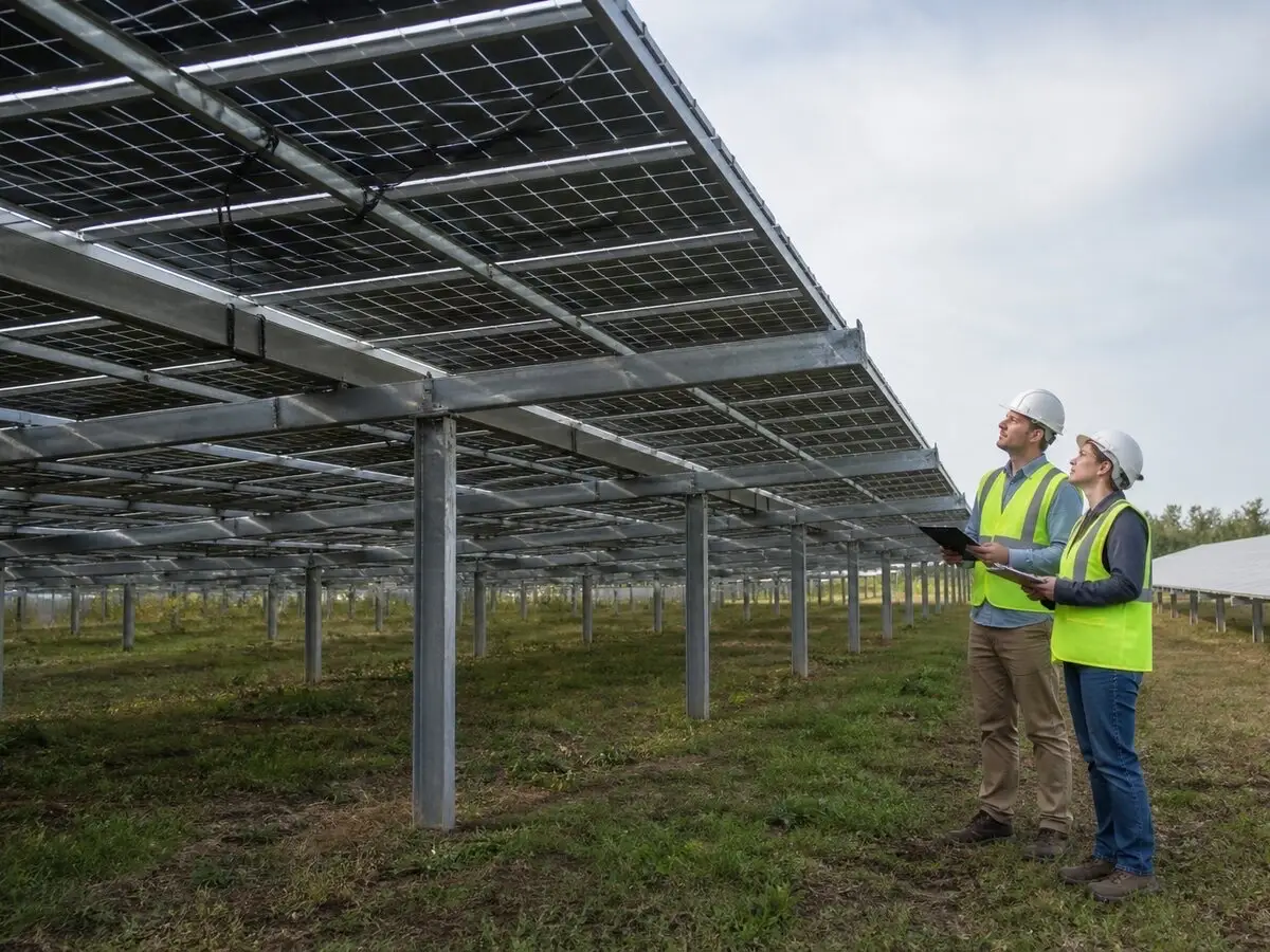 Bifacial solar modules on a ground-mount C&I array with technicians reviewing the rear glass