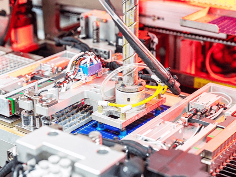 Solar cell tabbing or in-process inspection station under red process lighting