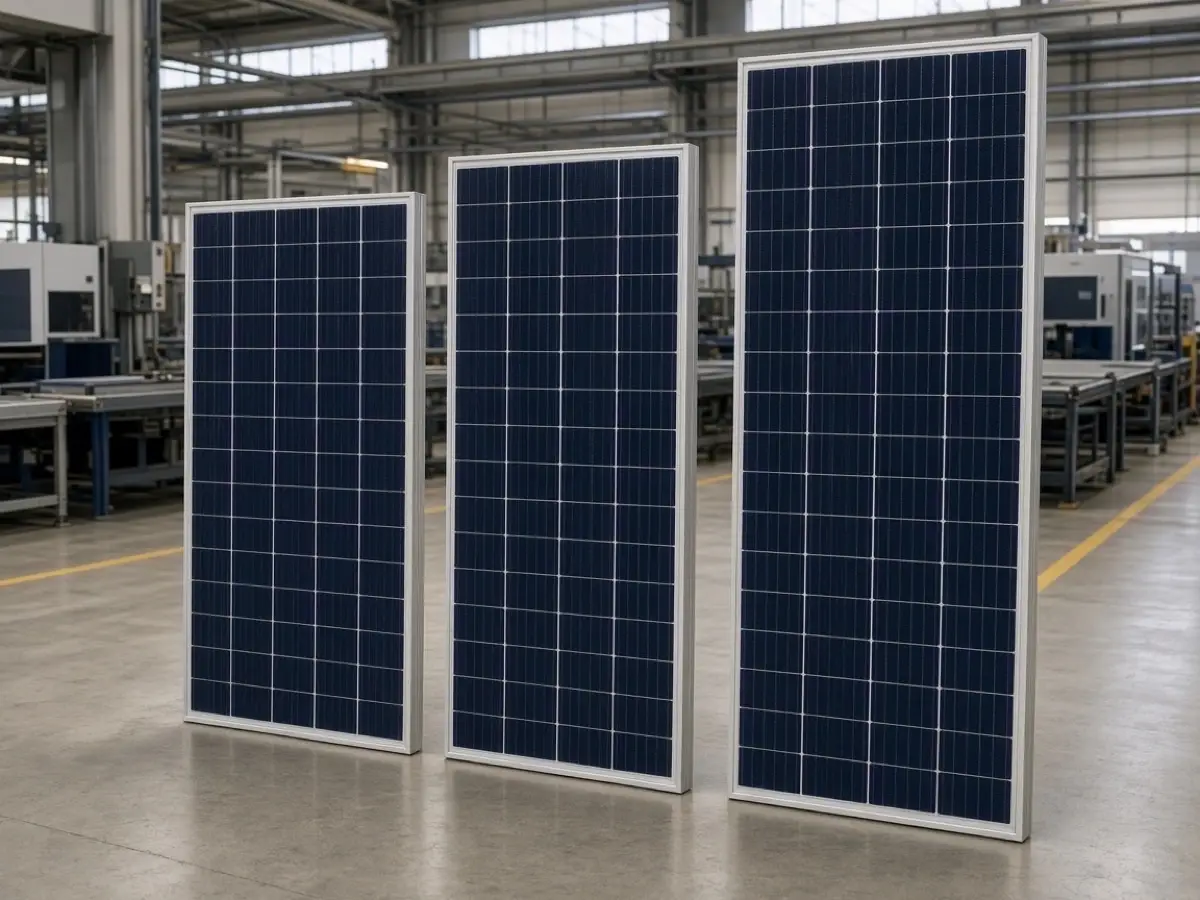 ** Three unmarked solar modules of different lengths standing in a factory aisle