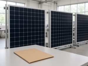 ** Unmarked solar modules beside a closed folder in a factory inspection bay