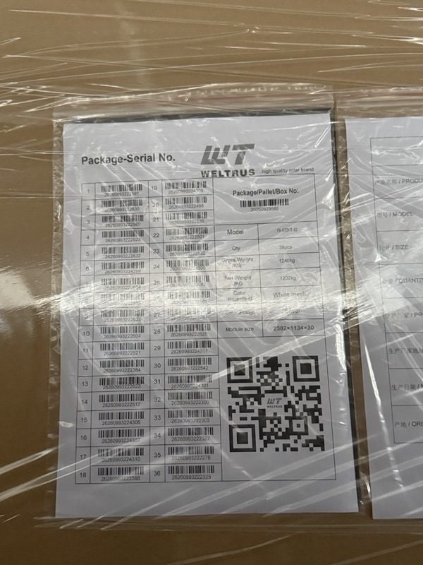 Pallet serial sheet for Weltrus model FX-630HT-02 showing 36 modules and 1240 kg gross weight