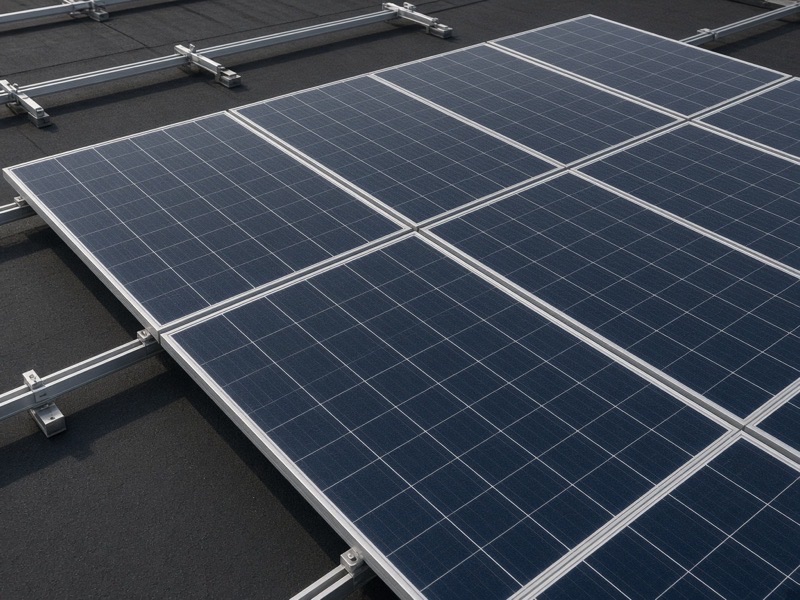 Solar modules mounted close to a dark commercial roof membrane
