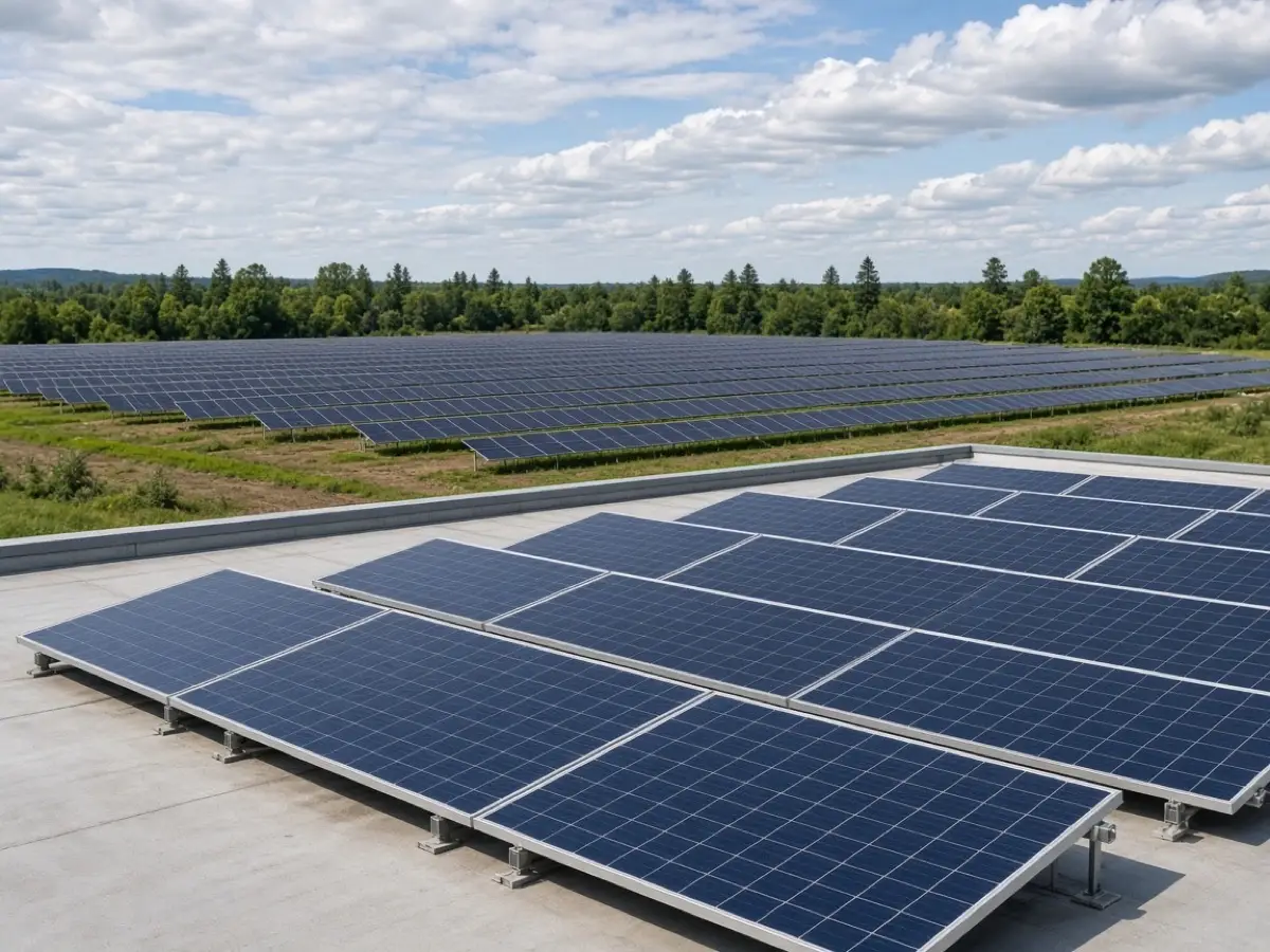 Commercial rooftop solar array with distant ground-mount rows behind it