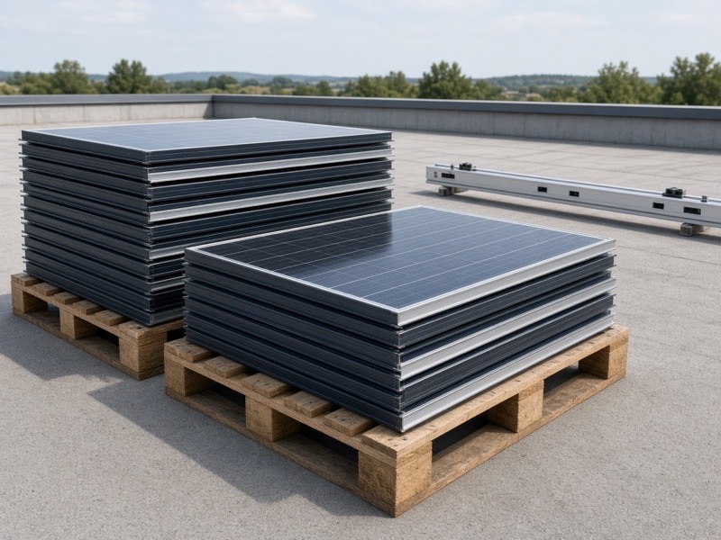 Solar modules on pallets beside a rooftop mounting rail