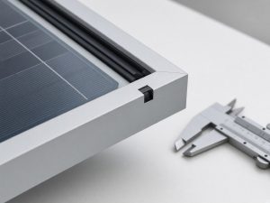 Pale gray composite solar module frame corner on an inspection bench