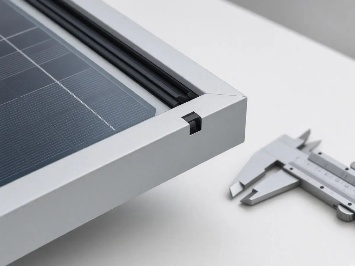 Pale gray composite solar module frame corner on an inspection bench