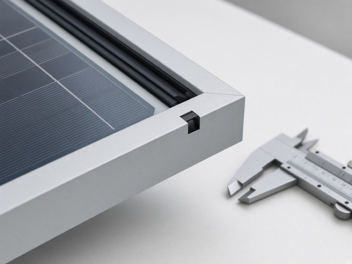Pale gray composite solar module frame corner on an inspection bench