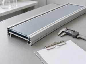 Pale gray composite solar module frame section on a materials laboratory bench