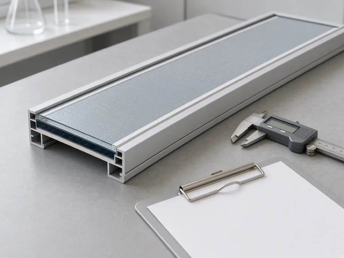 Pale gray composite solar module frame section on a materials laboratory bench